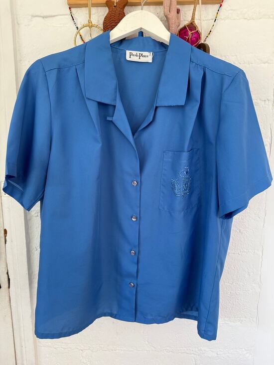 Vintage Tops - Vintage Park Place Cornflower Blue Button Front Blouse Crest Pocket Large